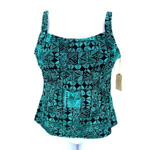 NWT ST JOHN'S BAY TEAL BLACK ISLAND PRINT TANKINI SWIM BEACH BATHING SUIT TOP